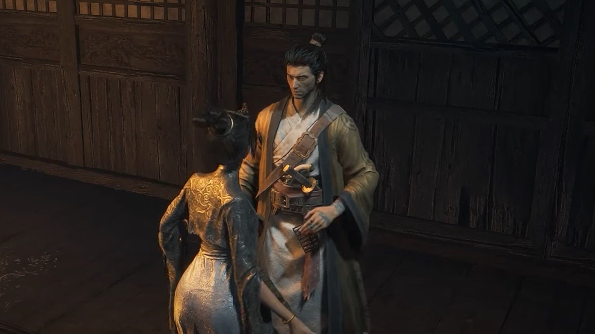 Wuchang of Wuchang Fallen Feathers talks with He Youzai, a male NPC wearing a long robe with a pistol and dagger in his belt. - 1