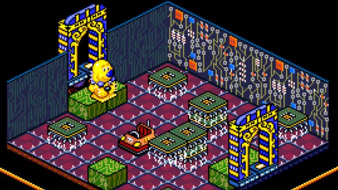 Head Over Heels: Deluxe screenshot showing one of the game’s two dog-like protagonists attempting to cross an isometric room as a bumper car passes by.