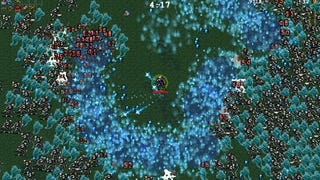 A warrior stands in a grassy field surrounded by skeletons and blue fire in Vampire Survivors