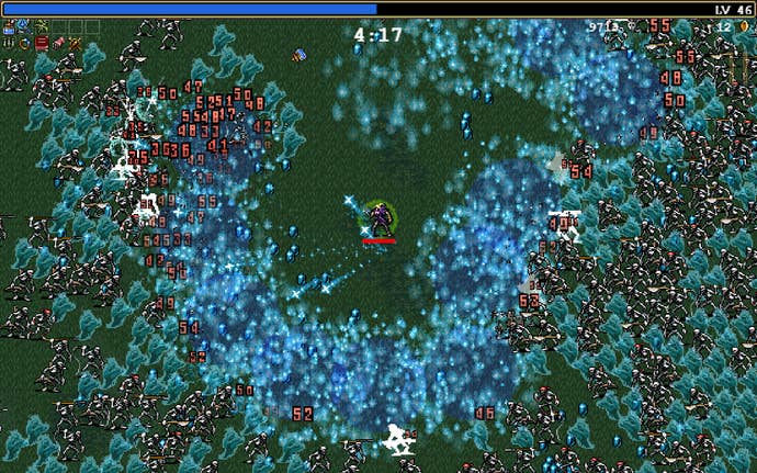 2022 best games Vampire Survivors - you launch a wave of blue fire against pixellated enemies from the centre of a green-coloured screen