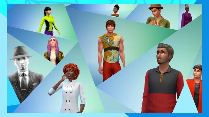 An abstract cover image for The Sims 4 shows a variety of Sims in portrait (ranging in age from Toddlers to literal ghosts) against an on-brand blue-green background composed of jagged plumbob-like frames.