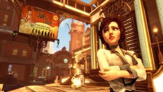 Bioshock Infinite screenshot showing Elizabeth crossing her arms bathed in sunlight