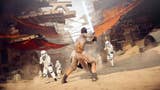 A screenshot of Rey fighting Stormtroopers in Star Wars: Battlefront II