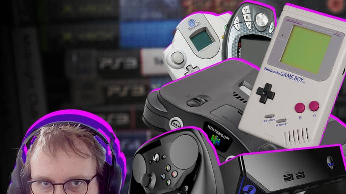 Tom’s face next to a number of games consoles