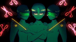 An illustration from Mediterranea Inferno showing three naked young men, viewed from the waist up, bathed in a sinister green light as neon pink scissors dance around them. Mida stares out in the middle, golden threads stretching from the fingers of his crossed arms, while Claudio and Andrea stand either side behind him, both wearing blindfolds.