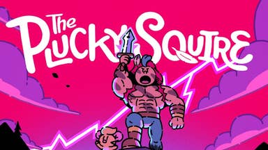 header image for The Plucky Squire Challenge update showing a hero standing with a sword raised high against a pink skyline. The words The Plucky Squire are written in white against the skyline