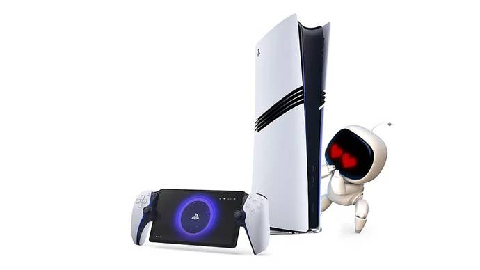 header image showing Astro Bot with hearts in his eyes looking at a PS5 and PlayStation portal