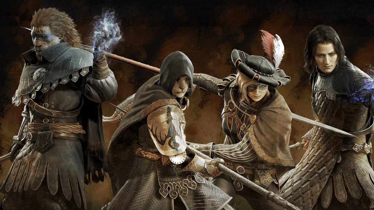 A group of Mystic Spearhand characters in Dragon&rsquo;s Dogma 2, facing the viewer and brandishing their weapons