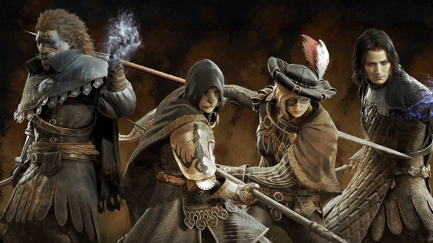 A group of Mystic Spearhand characters in Dragon's Dogma 2, facing the viewer and brandishing their weapons