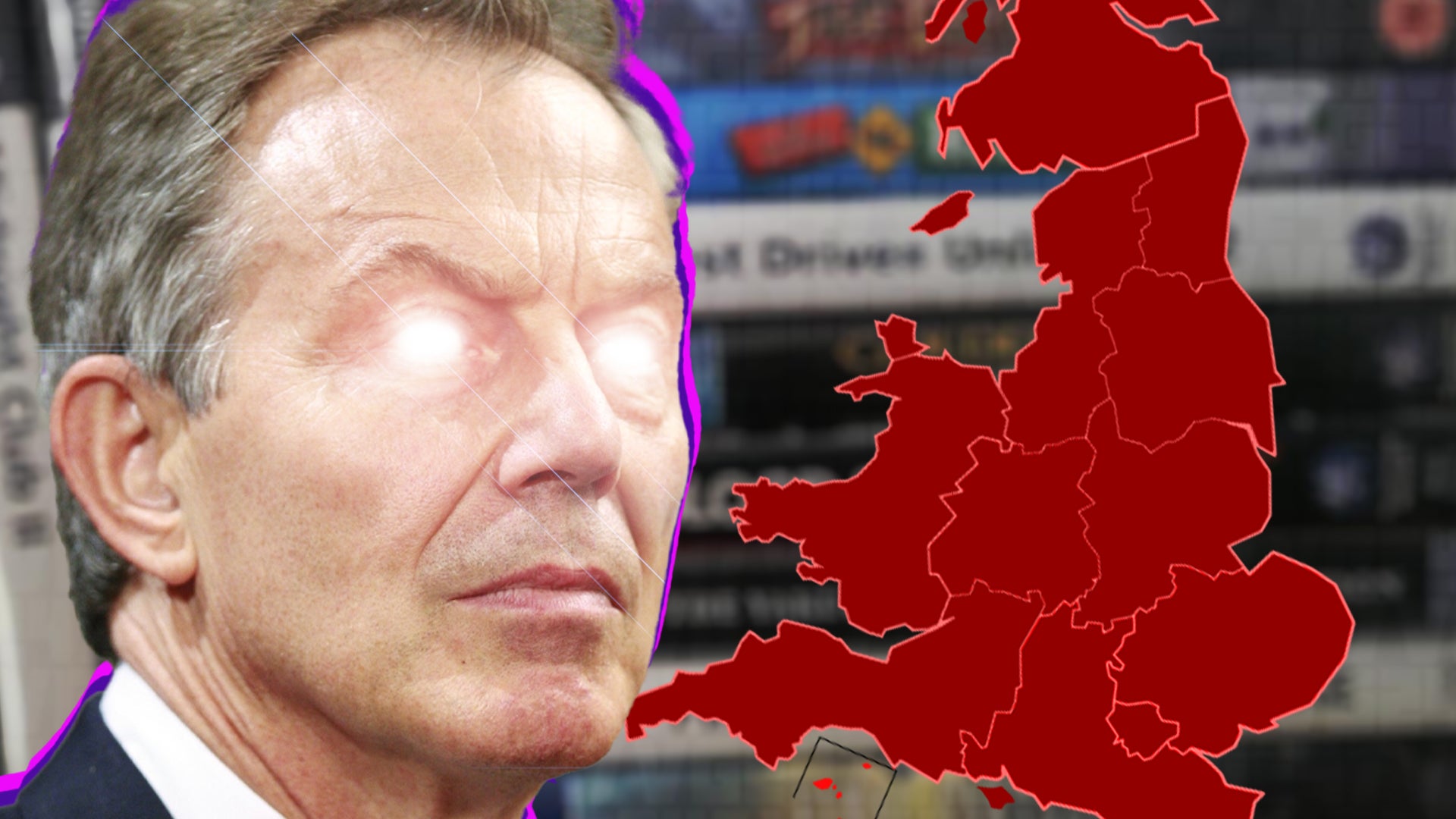 Tony Blair with glowing eyes next to an all-red map of the UK - 1
