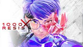 A painted close-up of the face of a woman with purple hair, alongside the logo for 1000xResist