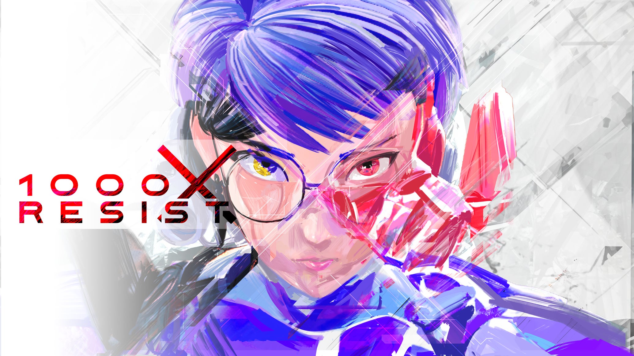 A painted close-up of the face of a woman with purple hair, alongside the logo for 1000xResist - 1