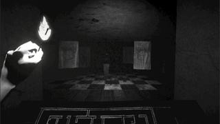 A dimly lit hallway in The Great Below with some glimmering objects in the dark ahead that could be eyes, and strange hanging designs to either side.