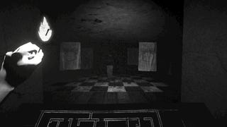 A dimly lit hallway in The Great Below with some glimmering objects in the dark ahead that could be eyes, and strange hanging designs to either side.