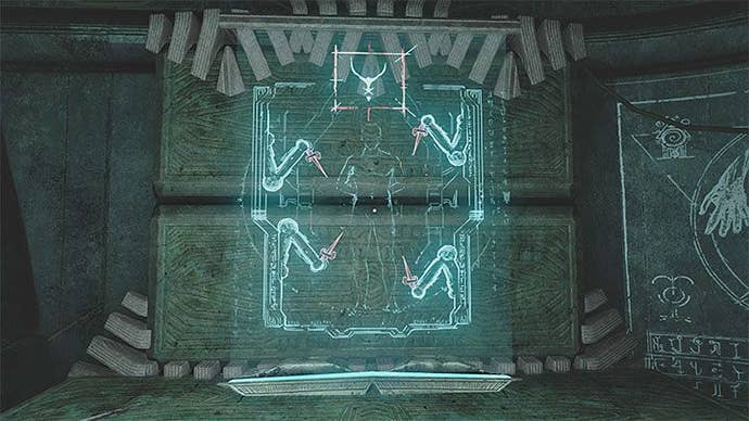 A glowing wall drawing of a torture machine in Amnesia: Rebirth, showing a captive human being with spiked mechanical arms to either side.