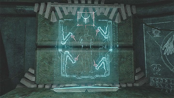 A glowing wall drawing of a torture machine in Amnesia: Rebirth, showing a captive human being with spiked mechanical arms to either side.