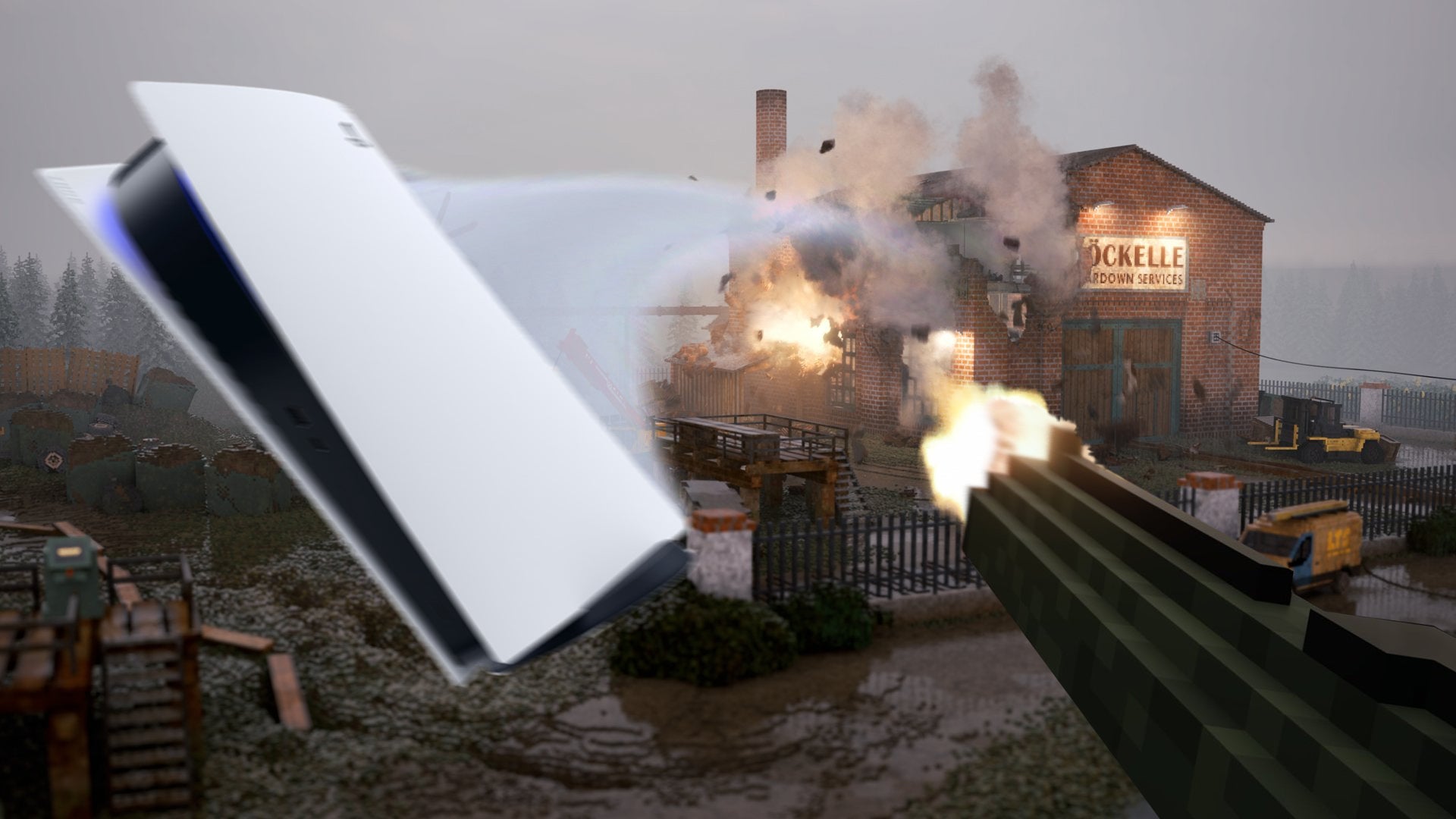 A PS5 console is blown toward the camera from an explosion in the world of Teardown - 1