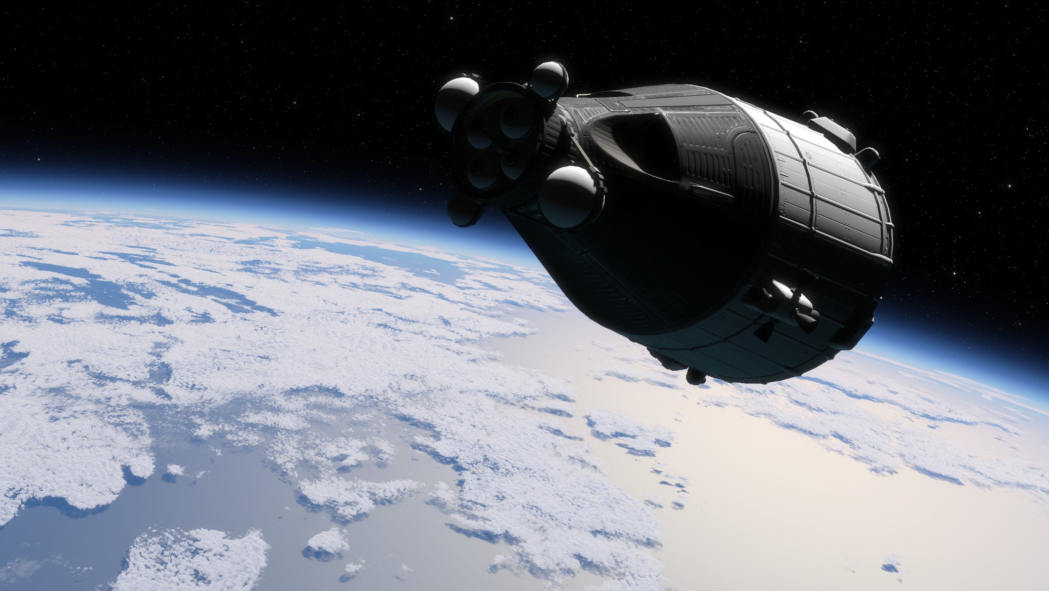 A Gemini-style spacecraft that looks like a cone-shaped capsule with thrusters sticking out, flying over the Earth's atmosphere in Kitten Space Agency. - 1