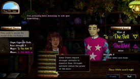 A conversation between customers in a magic potion shop with a brewing interface along the bottom
