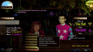A conversation between customers in a magic potion shop with a brewing interface along the bottom