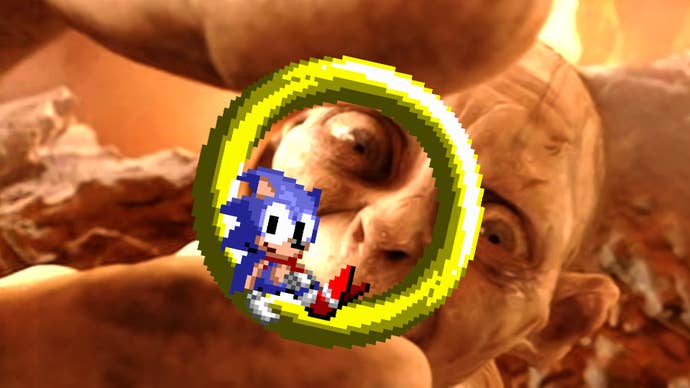 Gollum falling into the fires of Mount Doom and grasping a mobius ring in which Sonic the Hedgehog happens to be relaxing