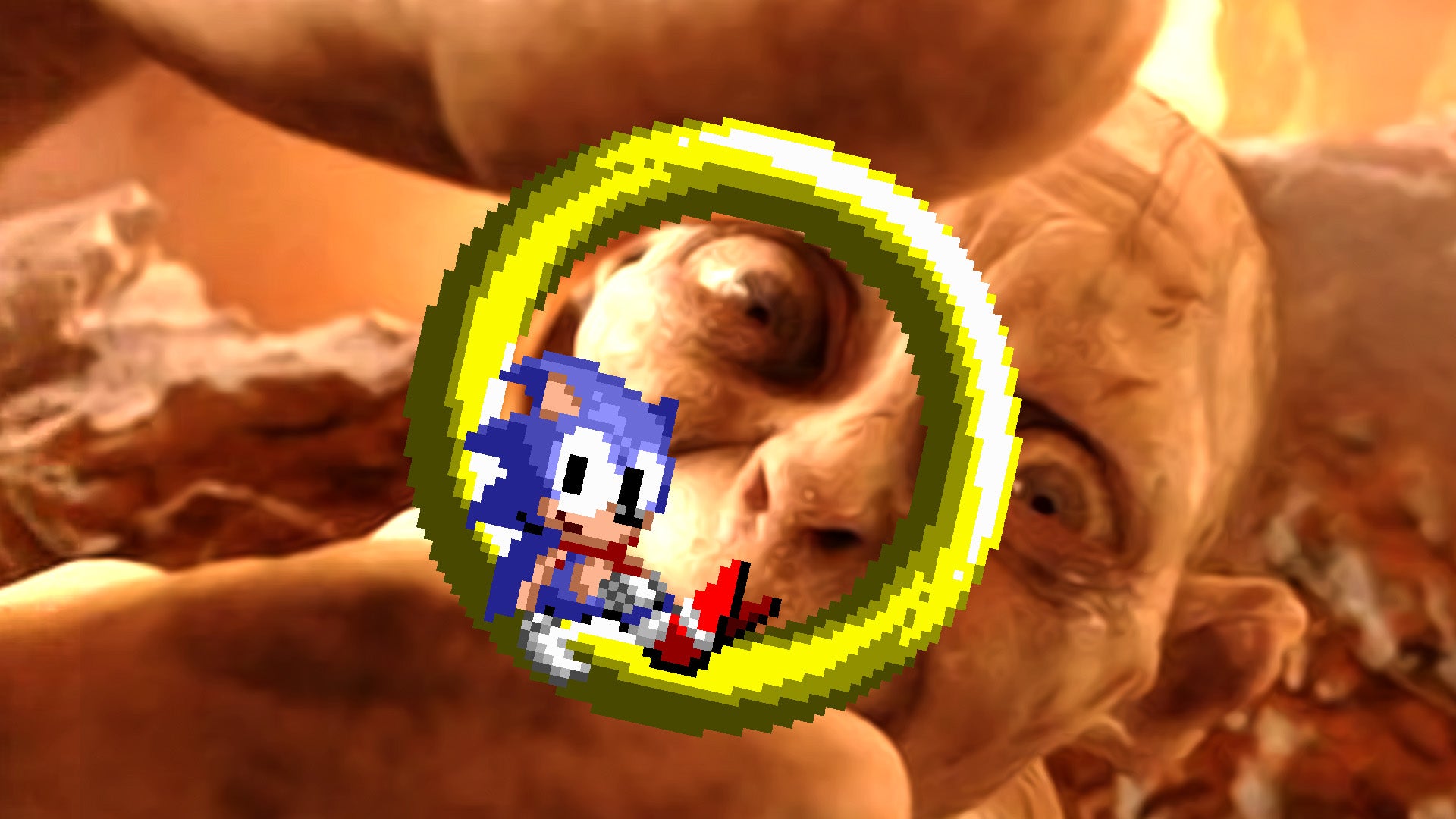 Gollum falling into the fires of Mount Doom and grasping a mobius ring in which Sonic the Hedgehog happens to be relaxing - 1