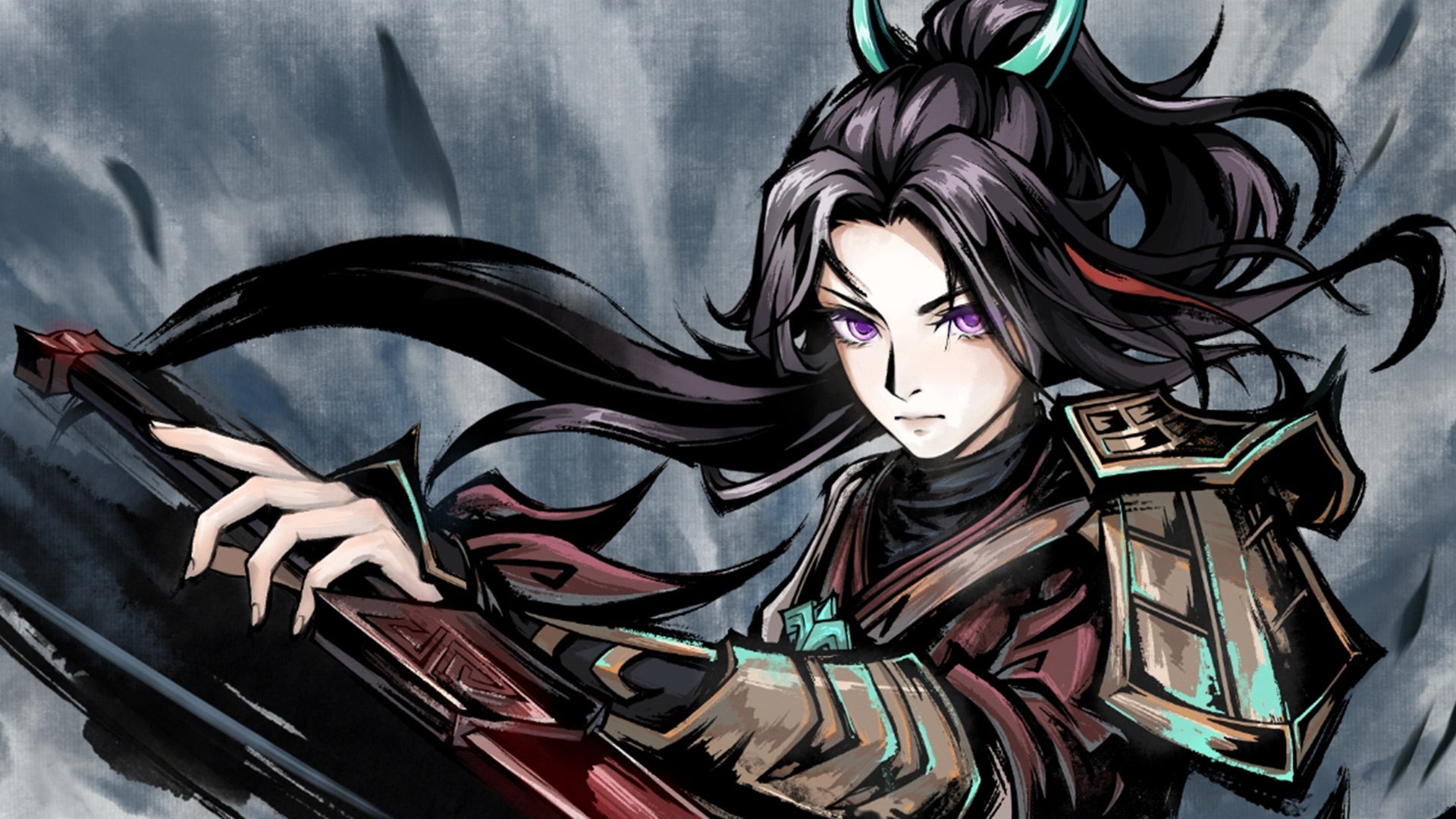 Character art for Realm of Ink - a florid ink-style painting of a young woman brandishing a sword