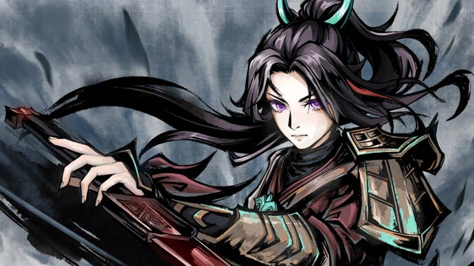 Character art for Realm of Ink - a florid ink-style painting of a young woman brandishing a sword