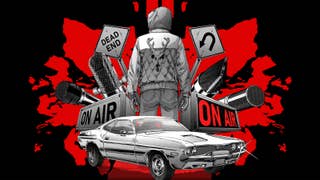 A vibrant piece of artwork showing a classic muscle car, a person with their back turned, and some "on air" boxes and microphones. It's a black image with a bright splatter of red on it, almost as if it were blood. It's artwork for a game called Heading Out.