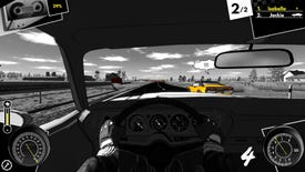 The view from the driver's seat in black-and-white narrative driving sim Heading Out.