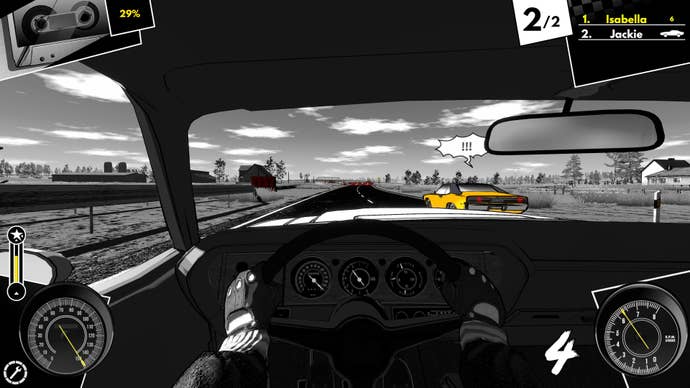 The view from the driver’s seat in black-and-white narrative driving sim Heading Out.