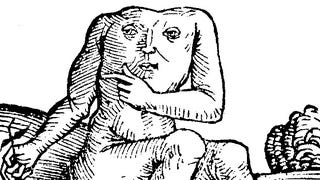 An old drawing of a strange headless creature with a face on its torso