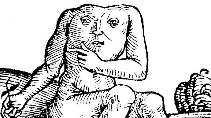 An old drawing of a strange headless creature with a face on its torso