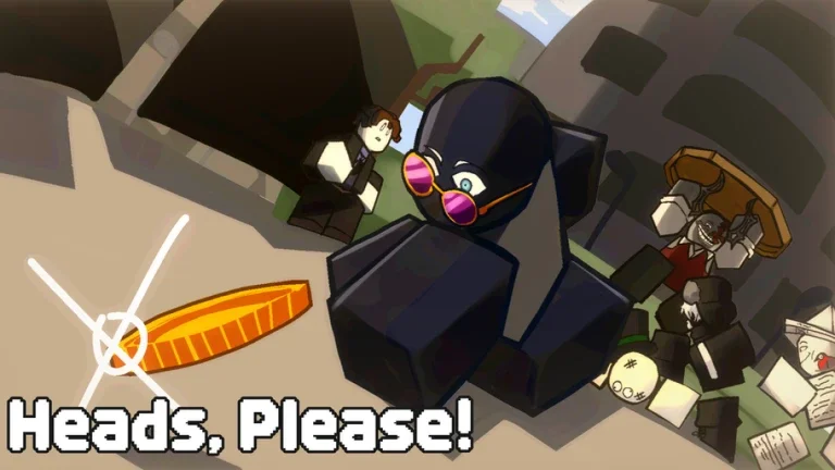 Artwork for the Roblox game Heads Please showing a character flipping a coin. - 1