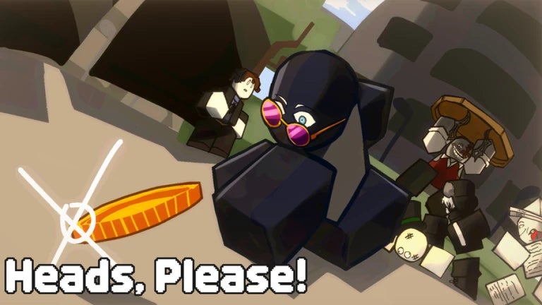 Artwork for the Roblox game Heads Please showing a character flipping a coin. - 1