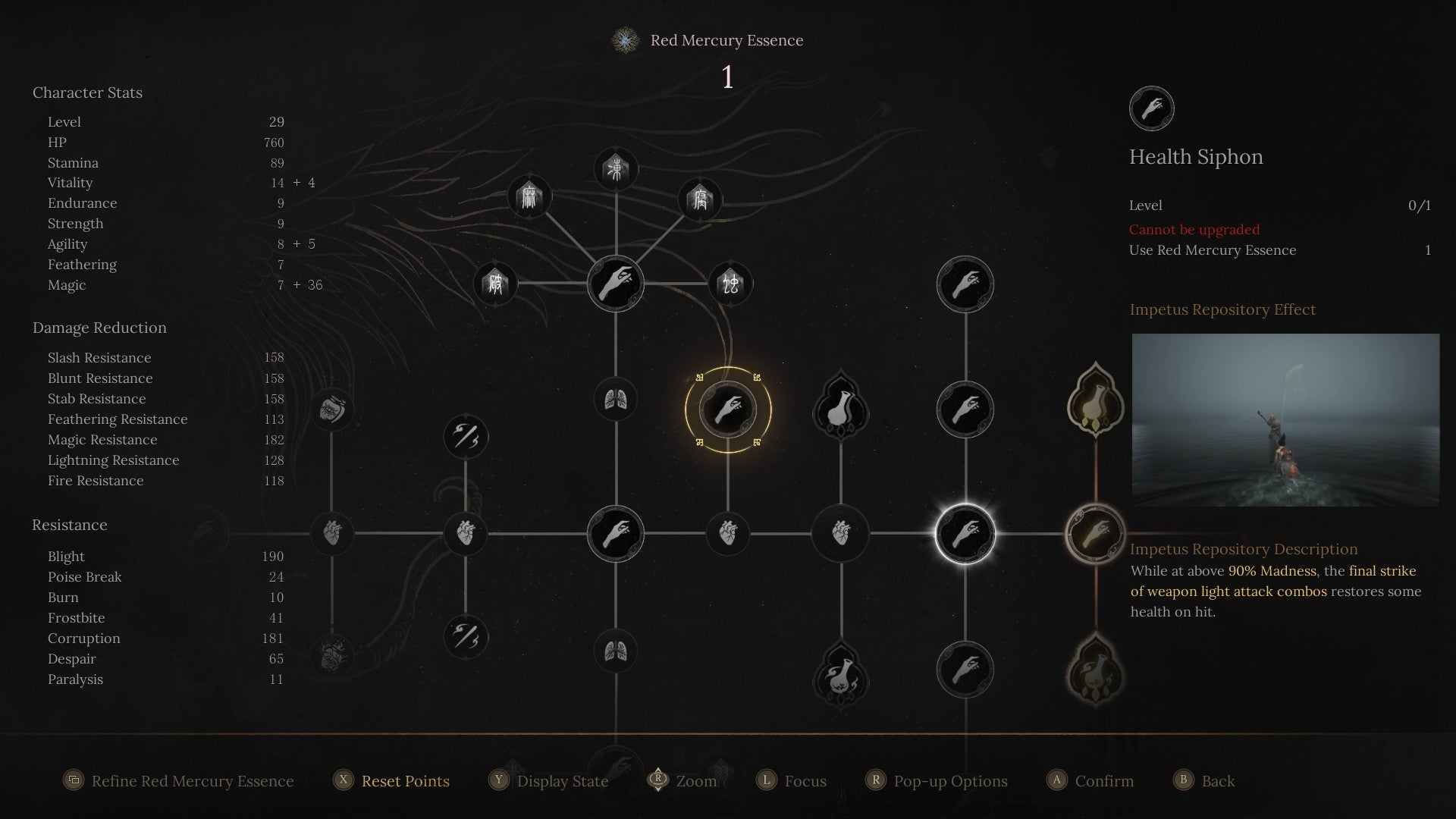 A glimpse at the Health Siphon skill in the Wuchang: Fallen Feathers menu, showing that it only works once the player has accumulated enough Madness. - 6