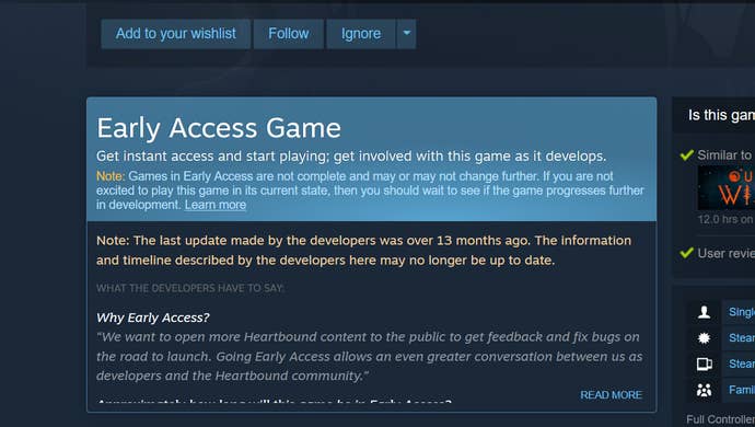 The early access info box from the Steam storepage for Heartbound, captured 5th February 2025