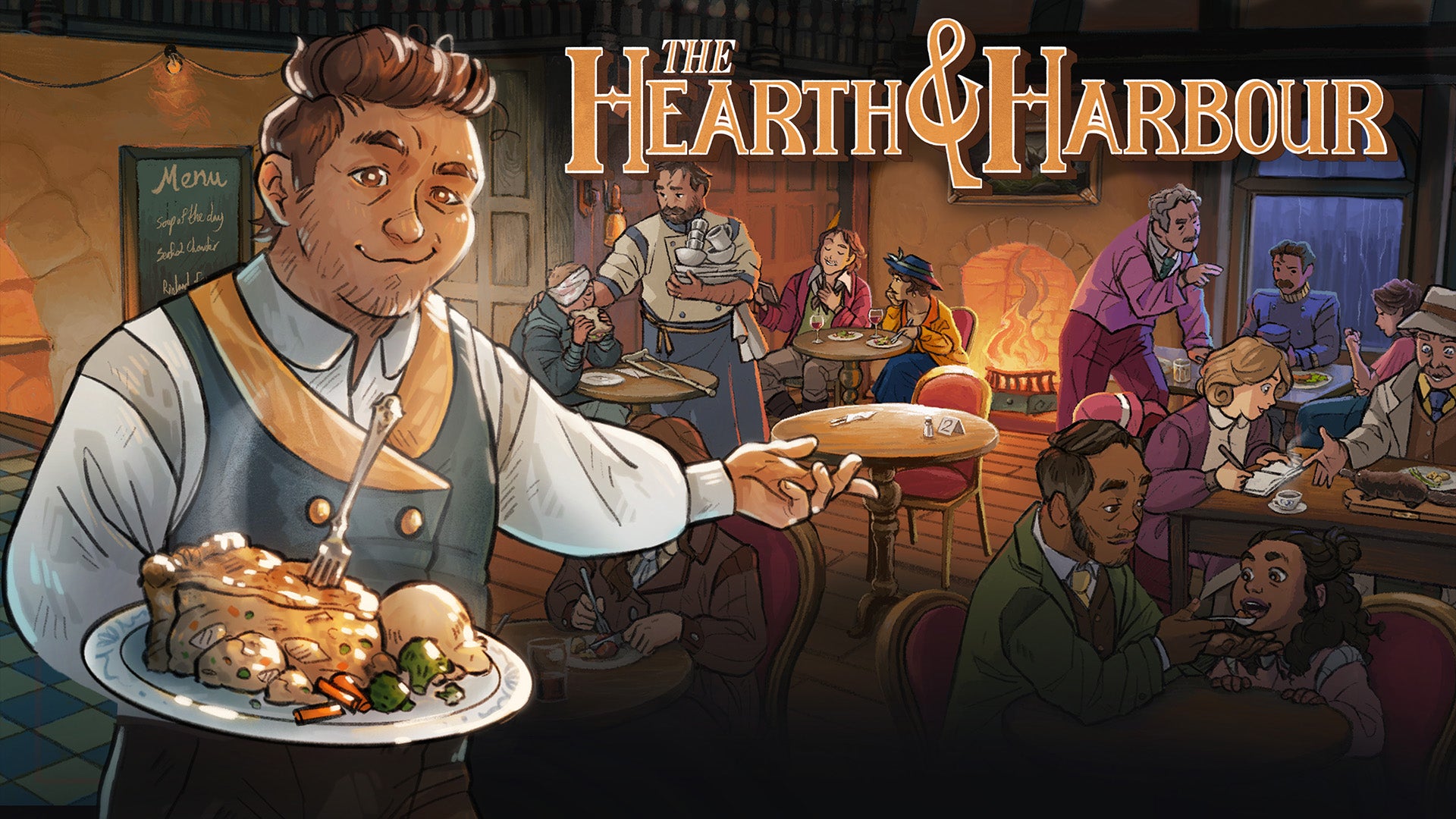 Key art for The Hearth and Harbour showing a bearded person holding a plate of food beckoning you to sit in a busy restaurant. - 1