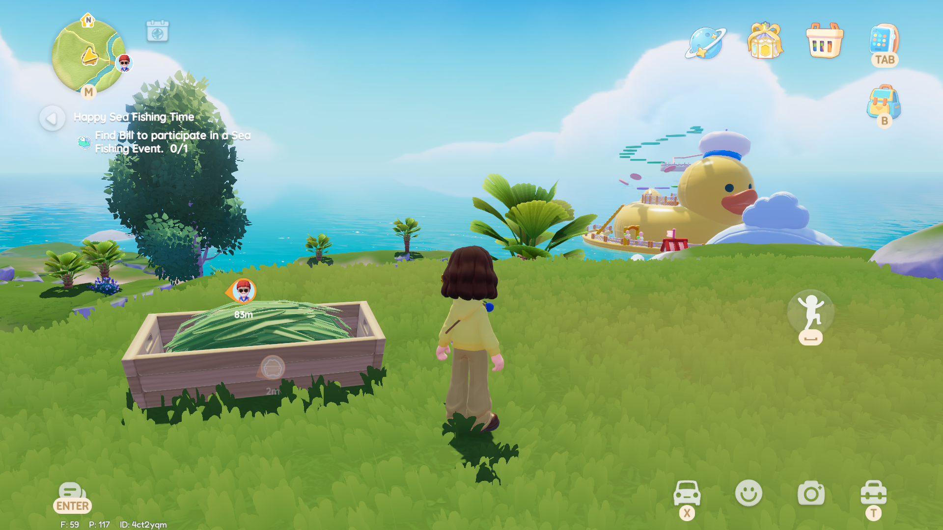 A Heartopia character stands next to a large wooden feeding trough full of leafy branches overlooking the sea. Below on the horizon is a giant inflatable rubber duck. - 10