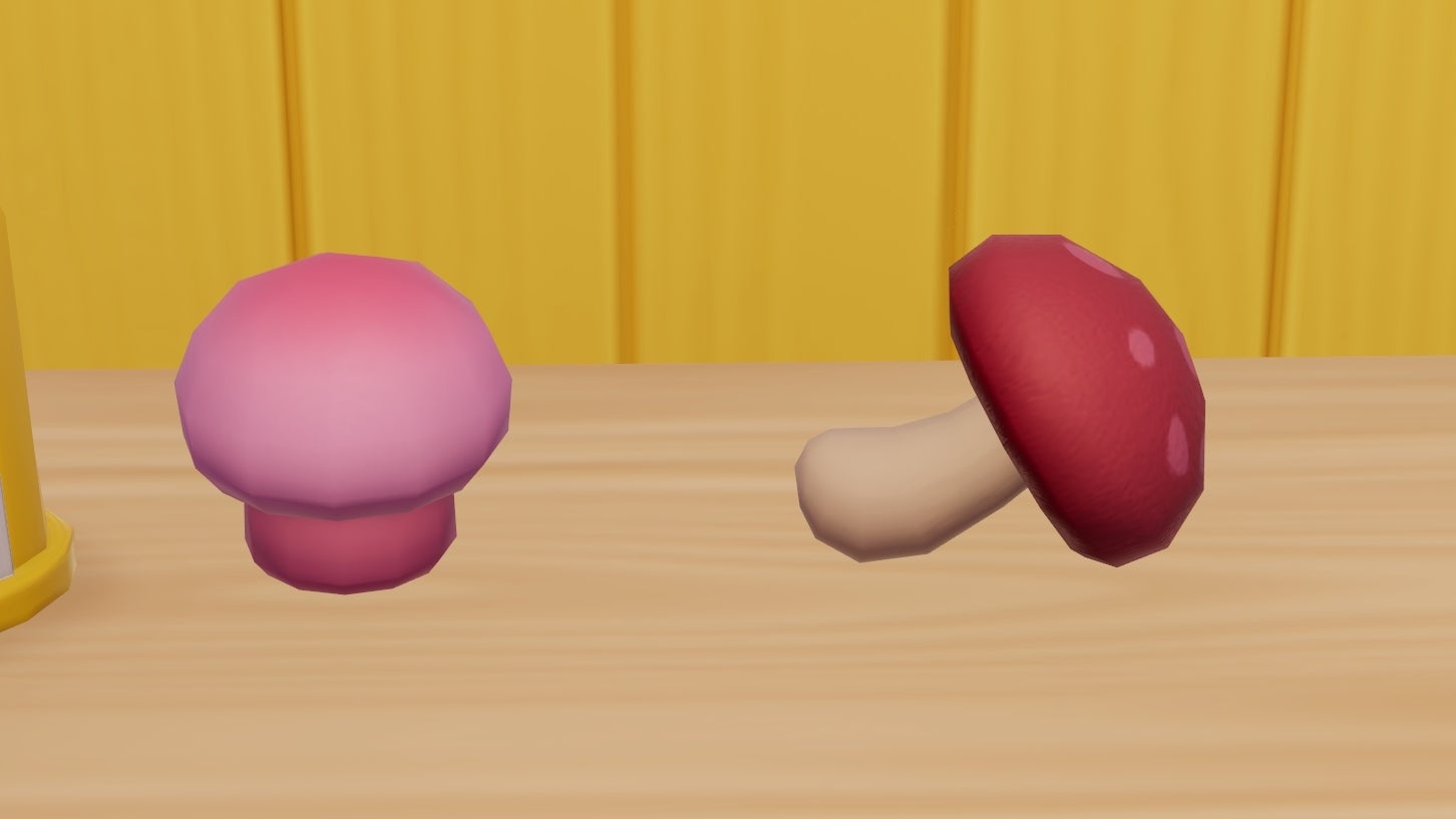 Two mushrooms — a bright pink button mushroom and a red-capped shiitake — sit on a wooden kitchen counter in Heartopia. - 7