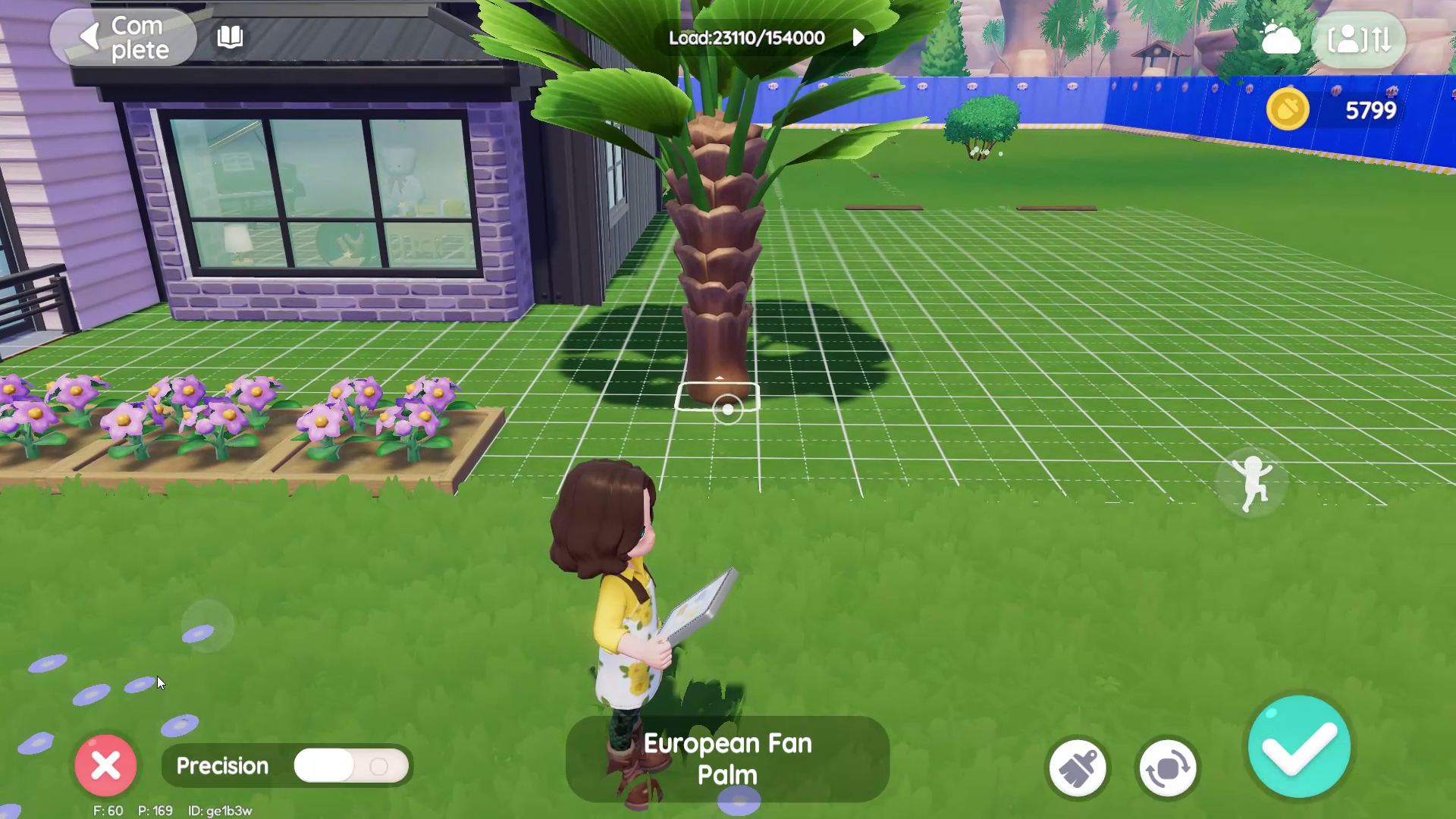A Heartopia player avatar in build mode in their home places a fan palm in the garden beside a grey brick house. - 5