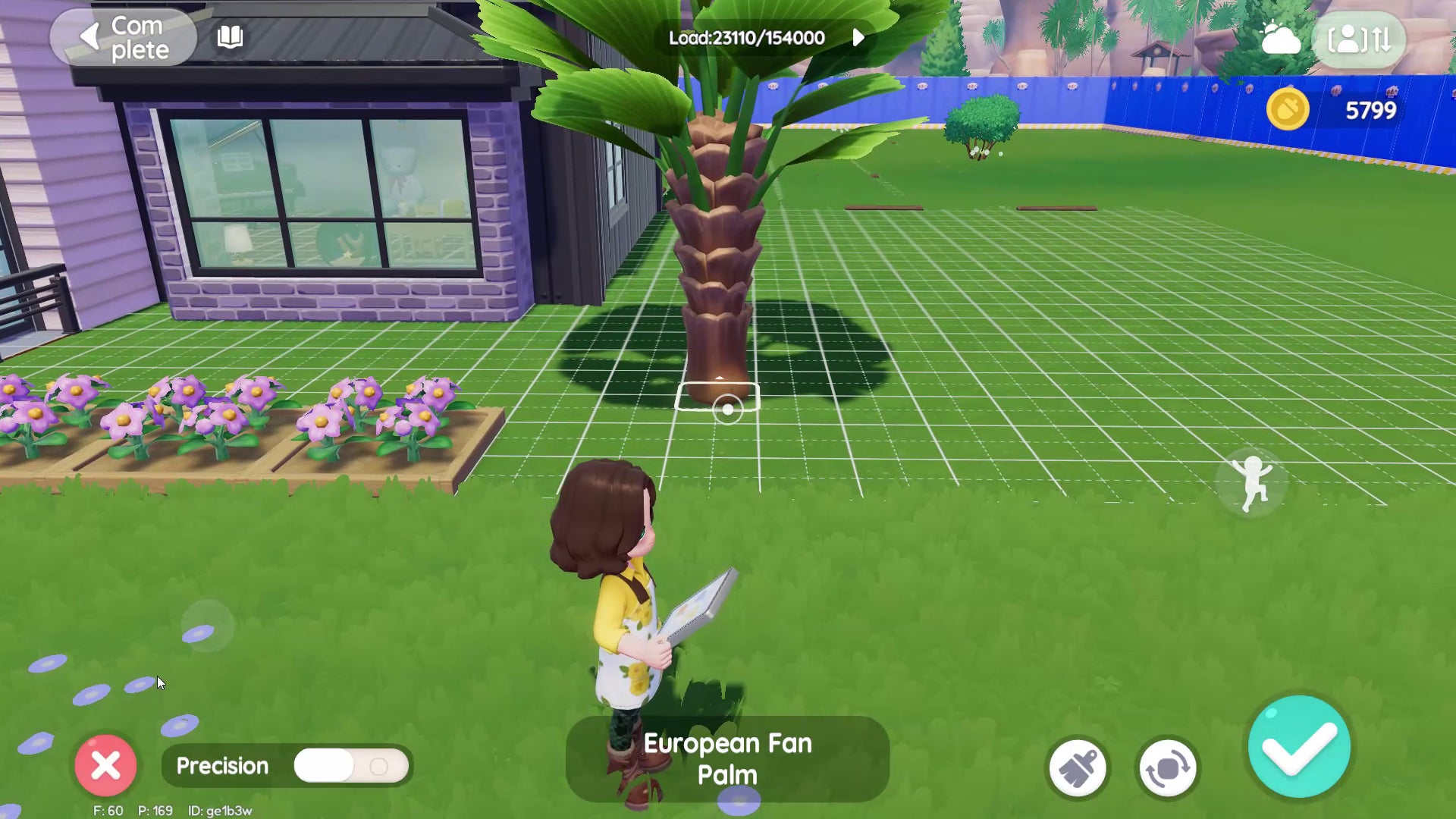 A Heartopia player avatar in build mode in their home places a fan palm in the garden beside a grey brick house. - 5