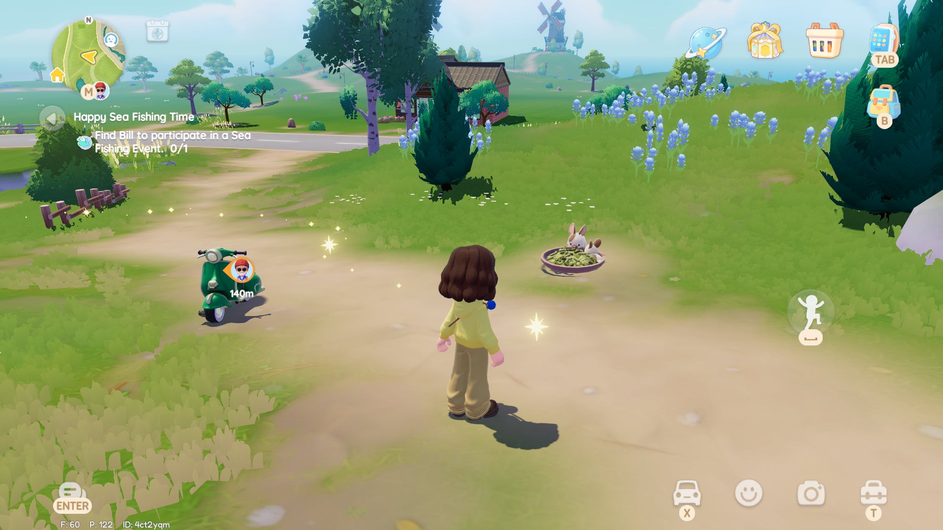 A Heartopia character stands in a small meadow of blue flowers on the edge of a residential area, and watches two brown-and-white bunnies eat green stuff from a small feeding bowl. - 5