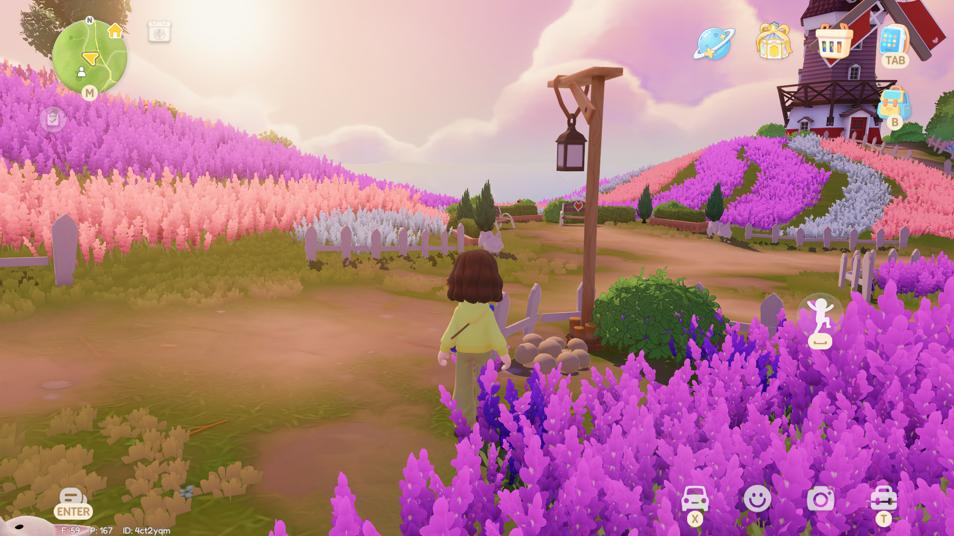 A Heartopia character stands in a vividly striped pastel flower field at sunset, regarding some button mushrooms growing by a fence. A windmill can be seen in the distance. - 6