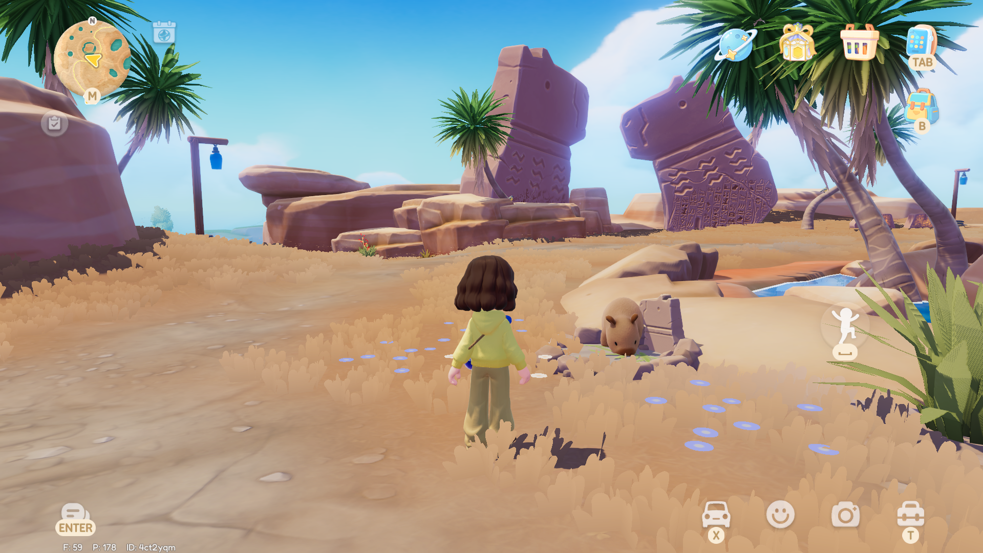 A Heartopia character stands on a desert mountain top surrounded by giant carved capybaras. In the foreground, a small pond is just visible, and in front of it a real chibi capybara munches on leaves from a stone trough with the same carvings. - 4