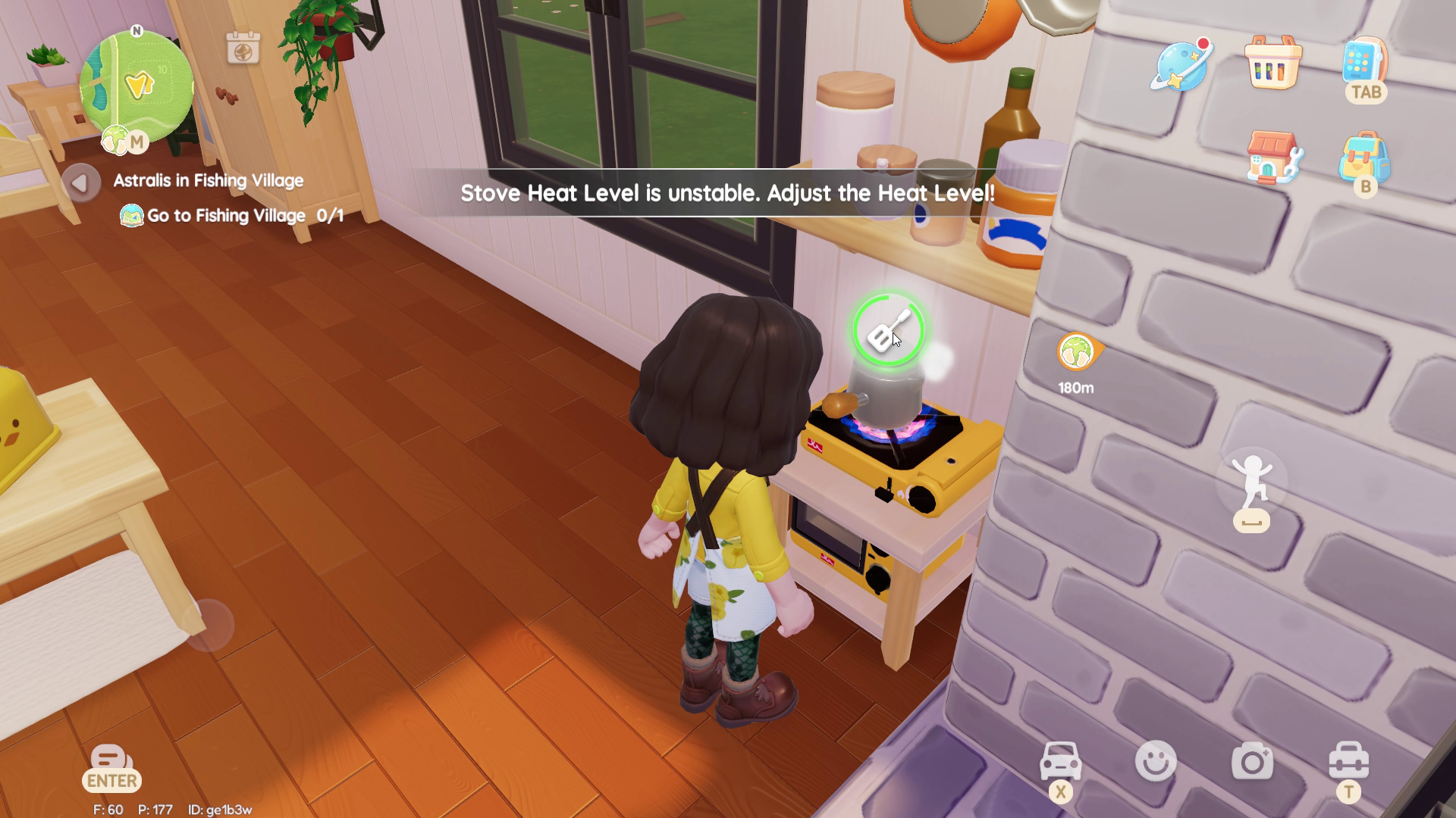 A Heartopia character in an apron stands before a stove in a rustic house, with a green QTE indicator hovering above the meal currently being prepared. - 4