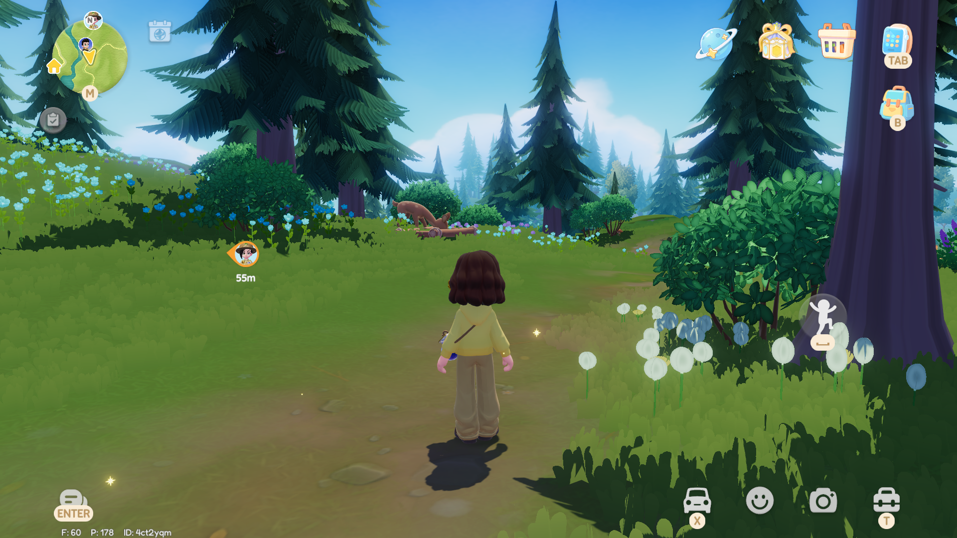 A Heartopia character stands in a path in the forest, with a deer eating from a wooden plank feeding trough a little ahead. - 9