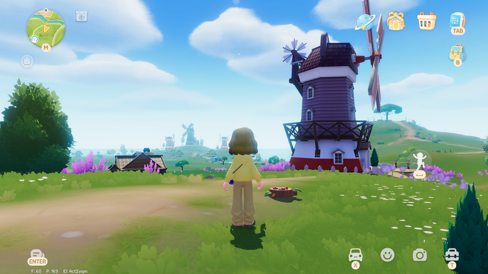 A Heartopia character stands facing a windmill with a tree stump covered in small bits of food in the foreground. Across the fields, several more windmills can be seen in the distance, along with a glimpse of the sea and a large shady tree atop an even higher hill to the right. - 8