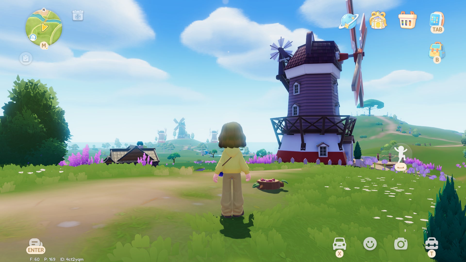 A Heartopia character stands facing a windmill with a tree stump covered in small bits of food in the foreground. Across the fields, several more windmills can be seen in the distance, along with a glimpse of the sea and a large shady tree atop an even higher hill to the right. - 8