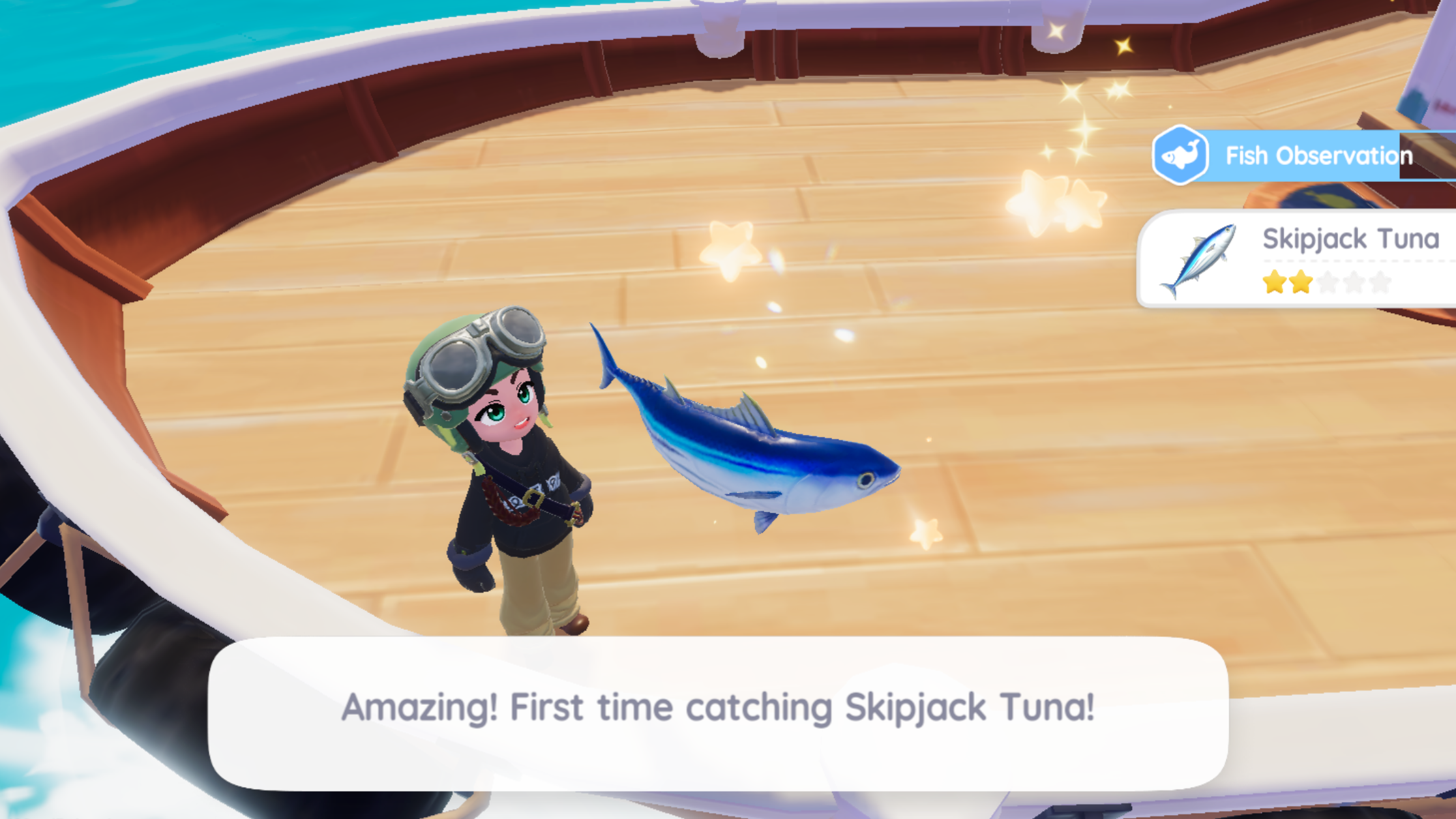 A character catching a Skipjack Tuna in Heartopia. - 3